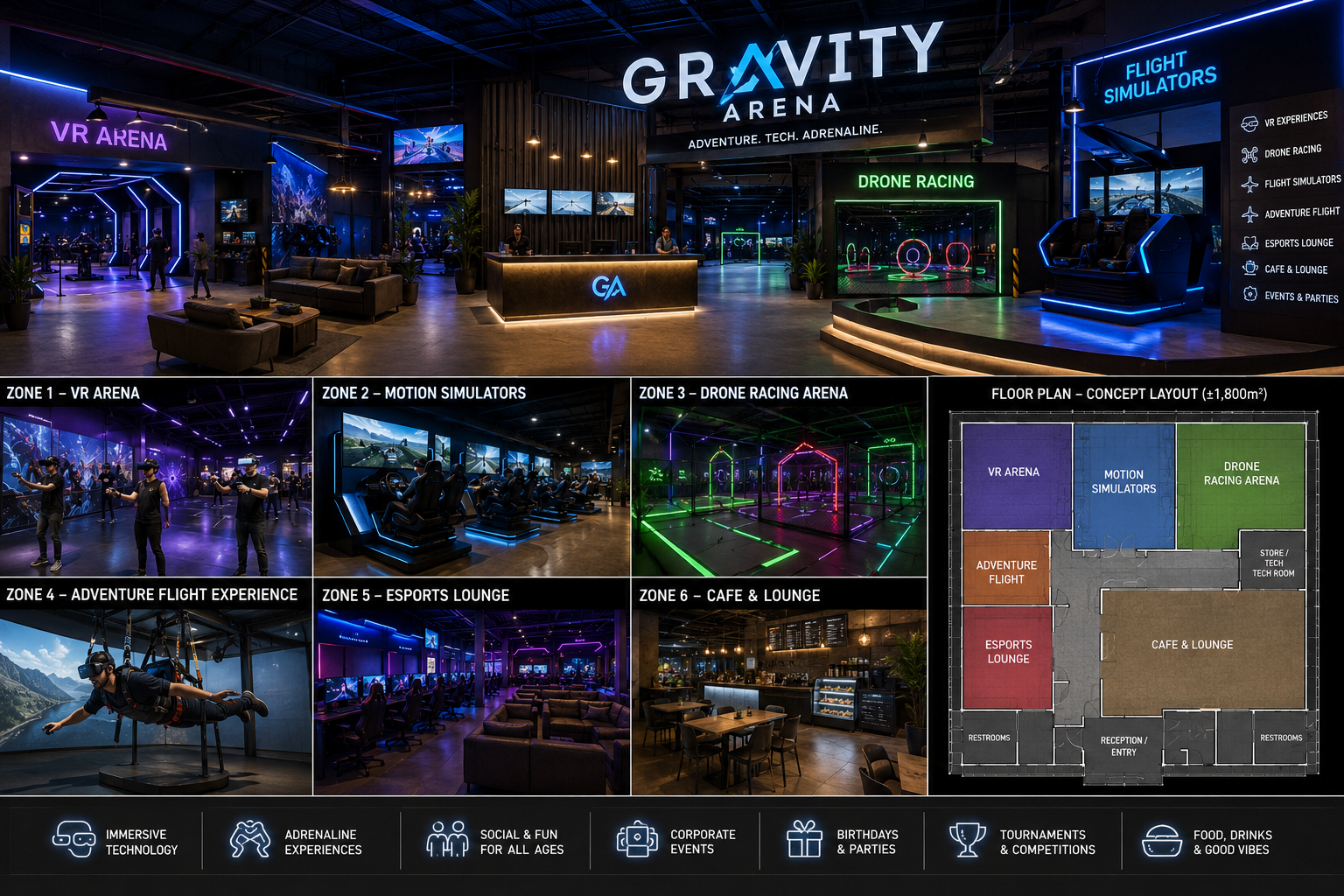 Gravity Arena concept showing VR Arena, drone racing, simulators, esports lounge, cafe and floor plan